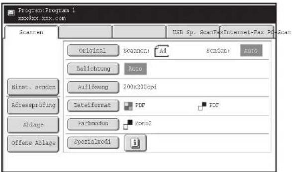 Program:Program 1 xxxxxxx.xxxx.com Scanren Original Scanen: A4 Scanen: Auto Bellichtung Auto Binst. senden Auflösung 200x200dpi Adressprüfung Dateifmat: PDF PDF Ablage Varchmaschus Mono2 Offene Ablage Spezialmodi