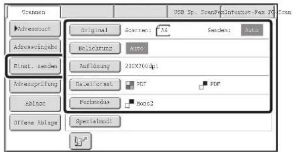 Scanen Original Scanen: A4 Senden: Auto Adreassobuch Adreasscingabe Belichtung Auto Rinst. senden Aufkösung 200X300dpi Adressprüfung Delleformet PDF PDF Ablage Farbmodus Mono2 Offene Ablage Spezialmodi1