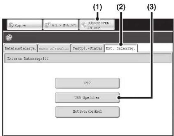 Kopie BILD. STENEN DOKUMENTER AR_AOE Datelewiederge. Status auf sonstige Festpl.-Status Ext. Datenzug. Externe Datenzugriff FTP U33 Speicher Netzwerkordner (1) (2) (3)