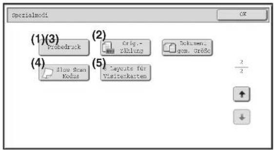 Specialmodi (1)(3) Probedruck (2) Orig.-Zählung Dokumenta gem. Größe (4) Slow Span Radius (5) & Layouts für Weiterkarten 2/2
