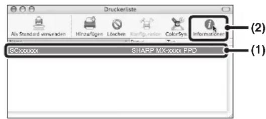 Druckerliste Als Standard verwenden Hinzufügen Löschen Krifiguration ColorSync Informationer SCxxxxxx SHARP MX-xxxx PPD (1) (2)