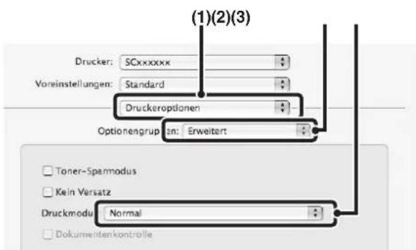 (1)(2)(3) Drucker: SCxxxxxx Voreinstellungen: Standard Druckeroptionen Optionengrupzen: Erweitert Toner-Spammodus Kein Versatz Druckmodu Normal Dokumentenkontrolle