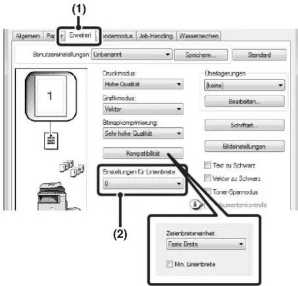 (1) Algemein Paper Eweiter Indemodus Job-Handling Wasserzeichen Bonutzereinstellungen Unbenannt Speichem Standard Druckmodus: Hohe Qualität Grafikmodus: Veldor Btmapkomprimierung: Sehr hohe Quelität Kompetibilität Einstellungen für Unierbrete 0 Überlagenungen (leine) Beatbeten... Schriftart... Bildeinstellungen Text zu Schwarz Veldor zu Schwarz Toner-Spermodus dumentonkontrole (2) Zerierbretanenthet Feste Brete Nin. Unierbrete