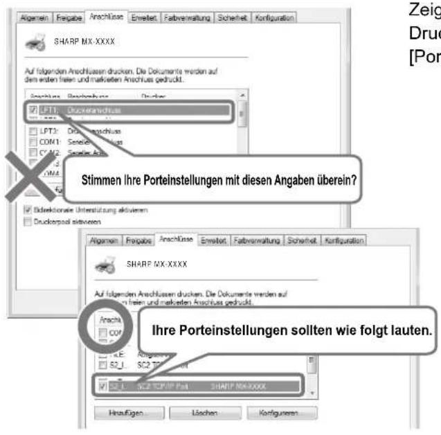 ShARP MX-XXXX Auf folgenden Anschlüssen drucken. Die Dokumente werden auf den ersten freien und marketen Anschluss gedruckt. LFT1: Duckeranschluss LPT3: Druveranschluss COM1: Sensor Anschluss COM2: Sensor Anschluss Stimmen Ihre Porteinstellungen mit diesen Angaben überein? Bidifikationäre Unterstützung aktivieren Druckerspod aktiveren ShARP MX-XXXX Auf folgenden Anschlüssen drucken. Die Dokumente werden auf den ersten freien und marketen Anschluss gedruckt. Anacht cot R.E. Angaben- SC2_1 SC2_TCP/PP Fat S2_1 S2-2 TCP/IP Fat SHARP MX-XXXX Heraufigen... Löschen Konfiguerten Zeig Druck [Porter]