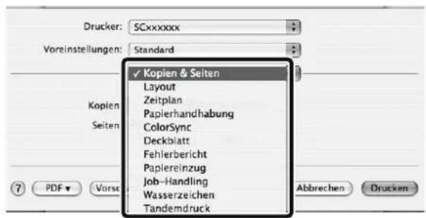 Drucker: SCxxxxxx Voreinstellungen: Standard Kopien & Seiten Layout Zeitplan Papierhandhabung ColorSync Deckblatt Fehlerbericht Papiereinzug Job-Handling Wasserzeichen Tandemdruck