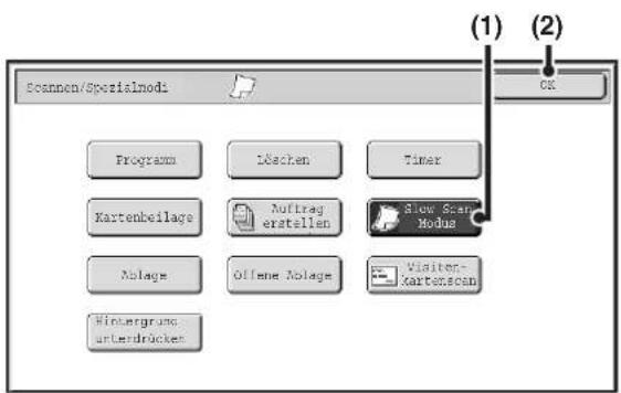 Scanen/Spezialnod Programm Löchen Timer Kartenbeilage Auftrag erstellen Slow Scan Modus Nlage Offene Nlage Visiten-Kartenscan Wintergrund unterdrücker (1) (2) OK