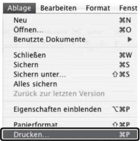 Ablage Bearbeiten Format Fenst Neu Öffnen... Benutzte Dokumente Schließen Sichern Sichern unter... Alles sichern Zurück zur letzten Version Eigenschaften einblenden Panierformat Drucken... ⌘P