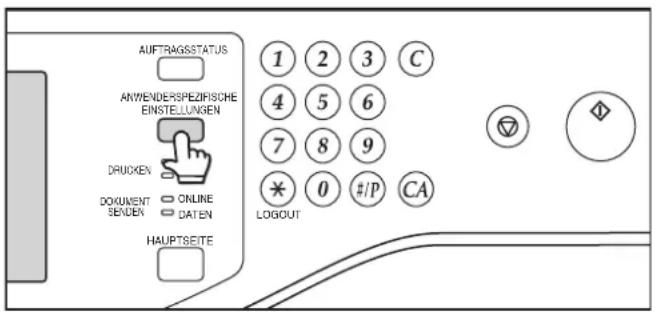 AUSTRAGSSTATUS ANWENDERSPEZIFISCHE EINSTELLUNGEN DRUCKEN DOKUMENT ONLINE SENDEN DATEN HAUPTSEITE 1 2 3 C 4 5 6 7 8 9 * 0 #/P CA LOGIOUT