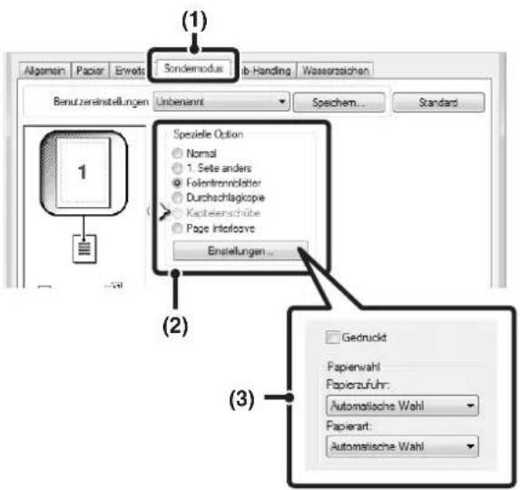 (1) Sondemodus Ab-Handling Wasserzahlen Algemein Paper Erwets Benutzareinstellungen Unbenannt Speichem... Standard Spezielle Option Normal 1. Sete anders Folentrenmlatter Durchschlagcope Kapiteenschube Page Infofoave Enstellungen... (2) Gedruckt Papierwahl Fapierzufuhr: Automatische Wahl Papierart: Automatische Wahl (3)