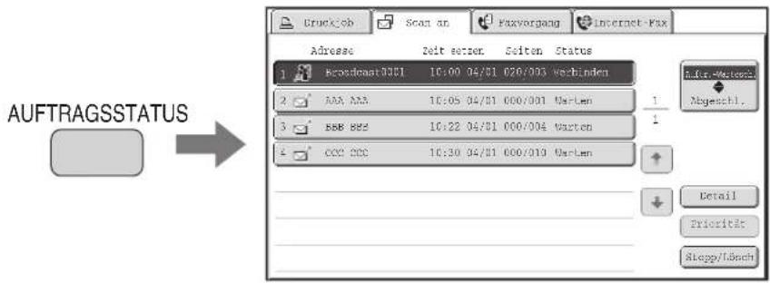 AUFTRAGSSTATUS Gruckjob Scan an Fazvorgang Internet-Fax Adresse Zeit setzen Seiten Status 1 Broadcast0001 10:00 04/01 020/003 wcbinden 2 AAA AAA 10:05 04/01 000/001 Warten 3 EBB BBS 10:22 04/01 000/004 Warten 4 CCC CCC 10:30 04/01 000/019 Warten Audio -Wettoch Abgeschl. Detail Priorität Skegg/Libach