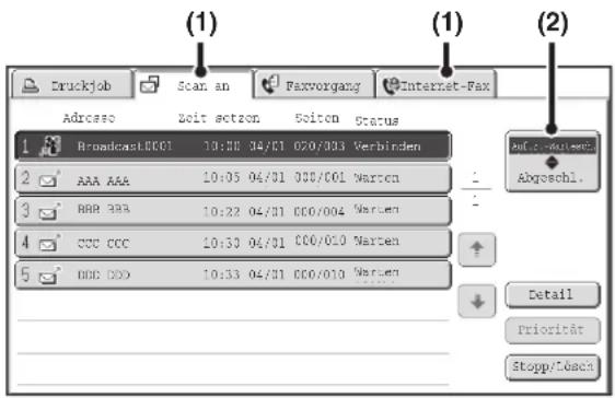 (1) Druckjob Scan an Faxvorgang Internet-Fax Adesso Zeit action Seiten Status 1 BroadcastL0001 10:08 04/01 020/033 Verbinden 2 AAA AAA 10:05 04/01 030/001 Warten 3 BBB 993 10:22 04/01 000/004 Warten 4 CCC CCC 10:30 04/01 000/010 Warten 5 DOC XXX 10:33 04/01 000/010 Warten (1) Abqoschl. Detail Priorität Skopp/Löseck