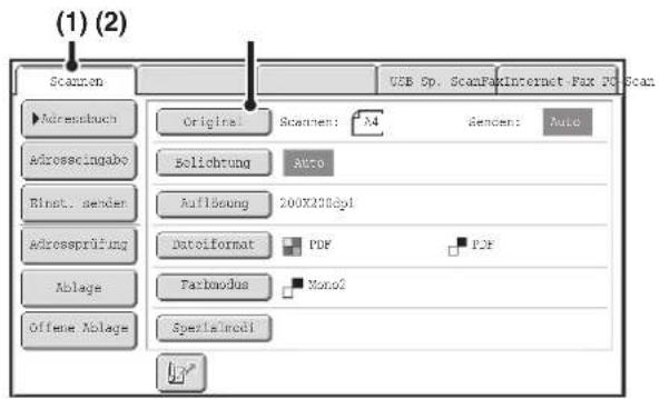 (1) (2) Scanen USB Sp. ScanFax Internet Fax FQ Scan Adrenbuch Adrosscingabo Rinst. senden Adrossprüfung Ablage Offene Ablage Original Scanen: M4 Sencen: Auto Solichtung Auto Auflösung 200X230deg1 Dataformat PDF PDF Farbandus Mono2 Spezialrodi