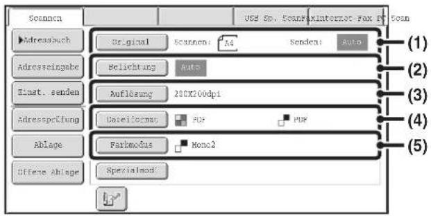Scannen Original Scannen: A4 Senden: Auto Adressbuch Adrezeingabe Belichtung Auto Einst. senden Auflösung 200X200dpi Adressprüfung Dateilocmat PDF PDF Ablage Farbmodus Mono2 Offere Ablage Specialmod (1) (2) (3) (4) (5)