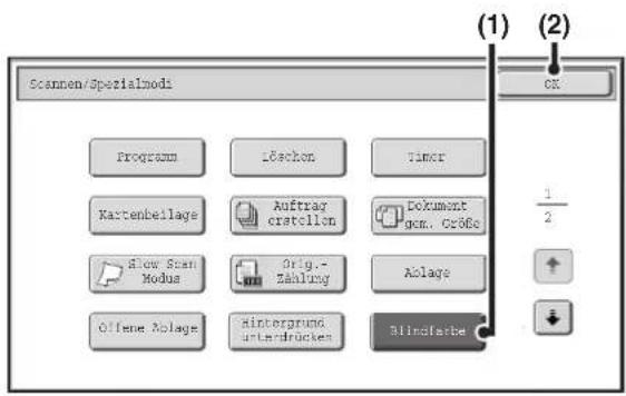 Scannen/Specialmod Program Ideschen Timer Kartenbeilage Auftrar erstellen Dokument gen. Größe Show Scan Modus Orig.-Zählung Aloaye Offene Aloaye Hintergrund unterdrücken Blindfarbe (1) (2) OK 1/2