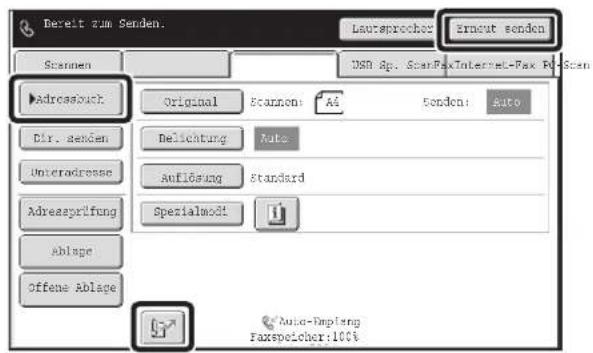Bereit zum Senden. Leutsprecher: Erneut senden Scanen DSN Sp. ScanFax Internet-Fax ProScan Adressbuch Original Scanen: A4 Sonden: Auto Dir. senden Delichtung Auto Unteradresse Anflösung Standard Adressprüfung Spezialmodt Ablage Offene Ablage Auto-Dapfang Faxspeicher: 100%
