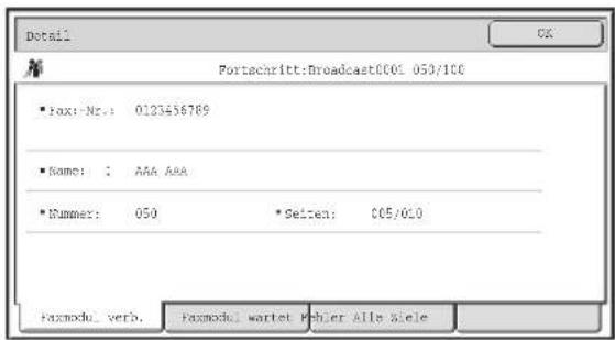 Detail Portacaritt:Broadcast0001 050/100 • Fax: Nr.: 0123456789 • Name: AAA AAA • Nummer: 050 • Seiten: 005/010 Faxmodul.verb. Faxmodul.wortel Pfehler Alle Siele