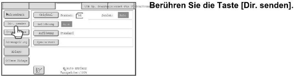 Berühren Sie die Taste [Dir. senden]. Addressbuch Original Scanmen: A4 Senden: Auto Dir. senden Sellchung Auto Extra Image Auflösung Standard Adressprüfung Spezialrodi Ablage Offene Ablage Auto Empfang Faxspeicher:1004