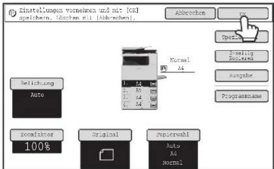 Einstellungen vornehmen und mit [OK] speichern. [Bachen mit [Abbrechen]. Abbrachen Spezial Z-selfilig Kontieren Ausgabe Programname Relichung Auto Zoomfaktor 100% Original Papierwahl Auto A4 Normal
