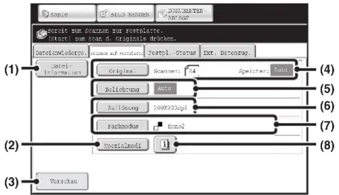 (1) Dateienwiederge. Scannan auf reconstatent Festpl. Status Ext. Datenzug. Datei- Information Origins Scanen: 04 Speicher: Nullc Belichung Auto Auflösung 200X203ep1 Farbmodus Mono2 (2) Spezialmodi (3) Vorschau (4) (5) (6) (7) (8)
