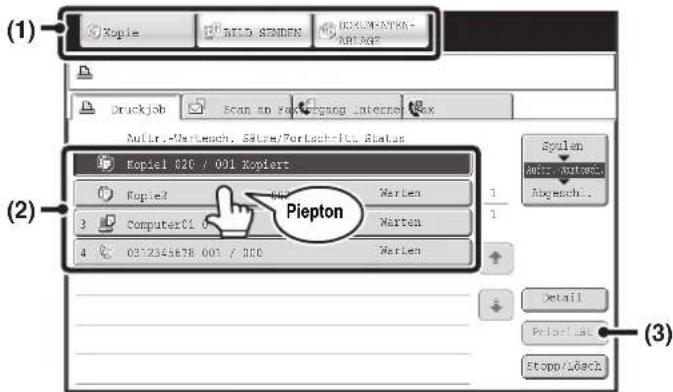 (1) Kopie STLD SNDEN DECKLM-ETRA- RDTAGE Druckjob Scan an xorzengang internet Auto. -Verleach, Sätze/Portauschitz, Status Kopiel 020 / 001 Kopiert Piepton Werten 1 3 Computer01 0 Werten 4 0312345678 001 / 200 Werten Spulen Auto. -Verleach, Ausgesch. . Detail Pepictat Estopp/Löch (2) (3)
