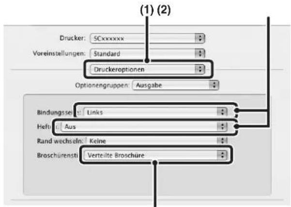 (1) (2) Drucker: SCxxxxxx Voreinstellungen: Standard Druckeroptionen Optionengruppen: Ausgabe Bindungsse: Links Heft: Aus Rand wechseln: Keine Broschürensti: Verteilte Broschüre