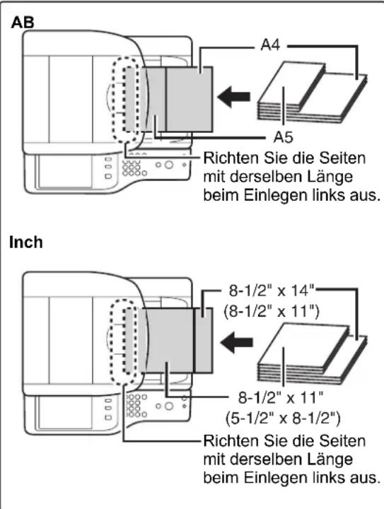 AB A4 A5 Richten Sie die Seiten mit derselben Länge beim Einlegen links aus. Inch 8-1/2" x 14" (8-1/2" x 11") 8-1/2" x 11" (5-1/2" x 8-1/2") Richten Sie die Seiten mit derselben Länge beim Einlegen links aus.