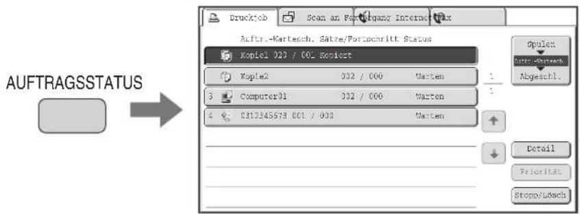 Druckjob Scan an Forteingang InternetFax Auftr.-Wartesch. Sätze/Portschritt Status Kopiol 023 / 001 Kopioert Kopie2 002 / 000 Warten 3 Computer01 002 / 000 Warten 4 0312345678 001 / 000 Warten Spules Intr. Abgesch Abgeschl. Detail Priorities Stopy/Losch AUFTRAGSSTATUS