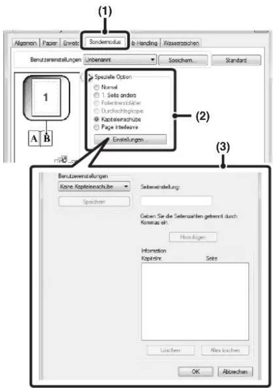 (1) Algarien Papier Erwelts Sondemodus b-Handling Wasserzeichen Benutzerenstellungen Linbenannt Sosichem... Standard Spezielle Option Normal 1. Sets andere Folterkonsbläter Durchschnittskopie Kaptoionschübe Page Interleave Einstellungen... (2) A B (3) Benutzerenstellungen Kaine Koptoionschübe Setenteinstellung: Speichem Geben Sie die Selenzahlen geterrnt durch Konras ein. Hinssigen Information Kaptoisnr. Sets Loschen All esachen OK Abrechen