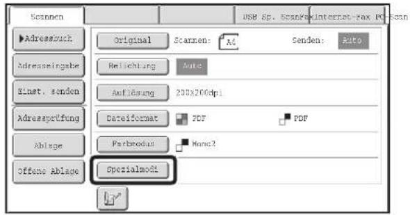 Scanen Original Scanen: A3 Senden: Auto Adresskock Adressingabe Belichtung Auto Binst. senden Auführung 200x200dpi Adressprüfung Dereiformat PDF PDF Ablage Partmodus Hene2 offene Ablage Specialmodi