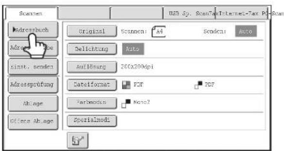 Scanen Original Scanen: A4 Sendcn: Auto Adressbuch Adress Bie sinat. senden Adressprüfung Ablage Offense Ablage Delichtung Auto Auflösung 200x200dpi Datelfornet PDF PDF Farbmodus Mono2 Spezialmodi