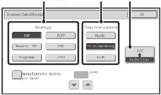 Scannen/Dateiform DateTyp PDF TIFF Unward. PDF XPS Programm JPDS Koprimierungrate Niedry. Not an tegfristring Koch E/Z Farbe/Grau Opezifizierte Seiten pro Datei (1-99)