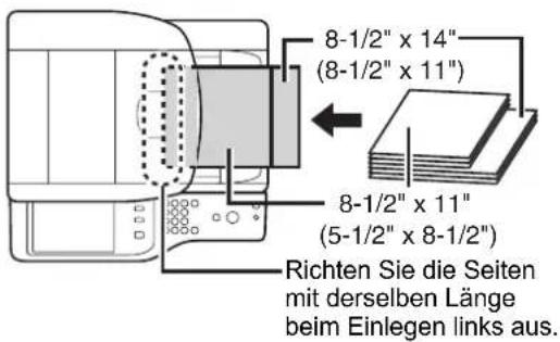 8-1/2" x 14" (8-1/2" x 11") 8-1/2" x 11" (5-1/2" x 8-1/2") Richten Sie die Seiten mit derselben Länge beim Einlegen links aus.