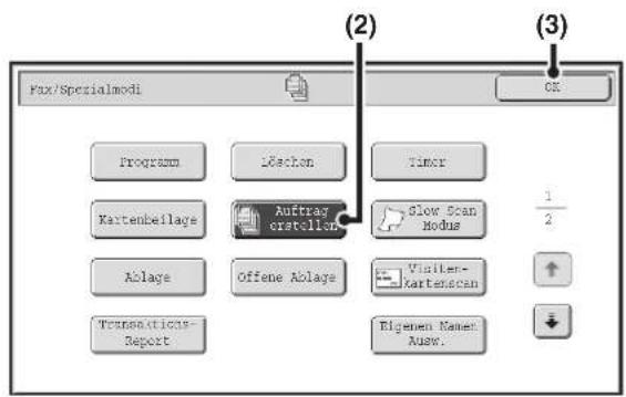 Fax/Specialmodi Program Löschon Timor Kartenbeilage Auftray orstellen Slow Scan Modus 1/2 Ablage Offene Ablage Visiten- Kartenscan Transaction-Report Eigenen Kamen Ausw. (2) (3)