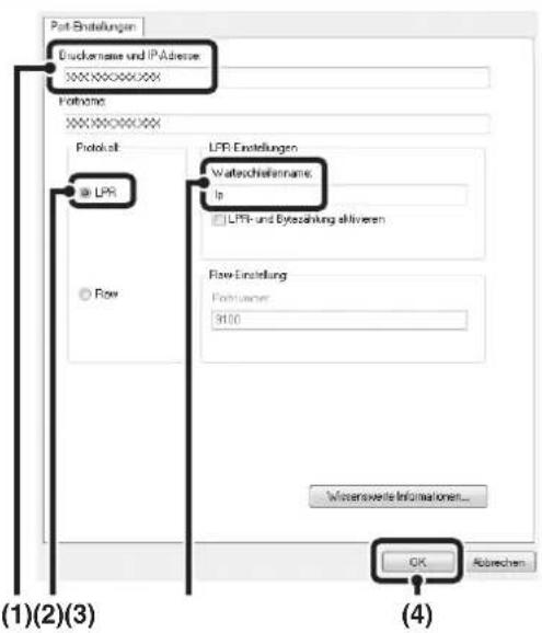 Port Enstellungen Druckname und IP-Adresse: XXXXXXXXX Portname: XXXXXXXXX Protokalt LPR Flow LPR Einstellungen Wateschleifennanie: In LPR- und Bytezahlung aktivieren Raw-Einstellung Portname: 3100 Waterswerte Informationen... OK Abziehen (1)(2)(3) (4)
