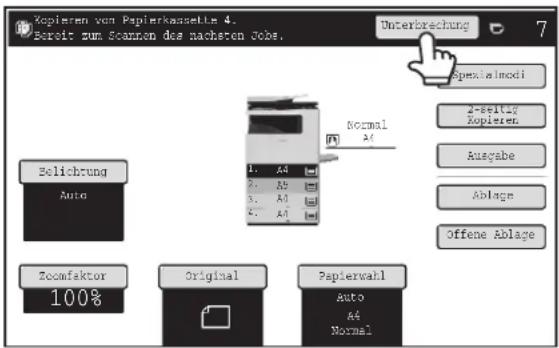 Kopieren von Papierkassette 4. Bereit zum Scannen des nachsten Objes. Unterbrechtung Special Inodi 2-Part in Kopieren Ausgabe Ablage Offene Ablage Belichung Auto 1. A4 2. A5 3. A6 4. A7 Normal A4 Zoomfaktor 100% Original Papierwahl Auto A4 Normal