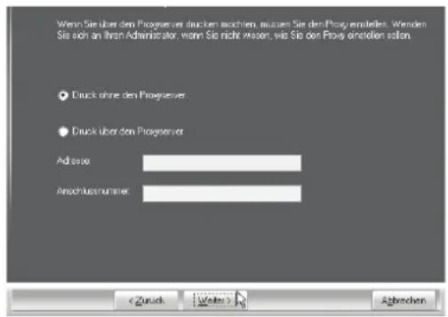 Wenn Sie über den Progserver durch den dochien, müssen Sie den Progv erstellen. Wenden Sie sich an Ihren Administrator, wenn Sie nicht wissen, wie Sie den Progv einstellen sollen. ● Druck ohne den Progserver ● Druck über den Progserver Address: Anschlussnummer: