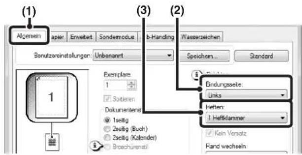 (1) Algemein apier Erweitert Sondemodus b-Handing Wasserzeichen Bonutzvereinstellungen: Unbenannt Speichem... Standard Exemplare: 1 Sortieren Dokumentens 1seitig 2seitig (Buch) 2seitig (Kalender) Brochürenstil (3) (B) Endungsseite: Links Heften: 1 Heffklammer Klein Versatz Hand wechseln.