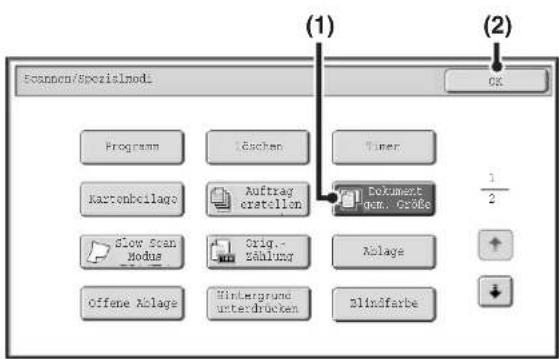 Scannon/spezismod: Program Kartonbeilage Slow Scan Modus Offene Ablage Löchen Auftray eratellen Orig. Zahlung Hintergrund unterbrücken Timer Dokument gem. Oröse Ablage Blindfarbe (1) (2) OK