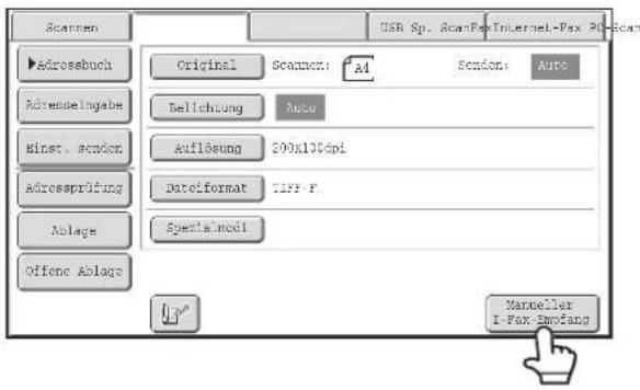 Scanen Original Scanen: A Section: Auto Adrossbuch Adrengelagabe Binst. scndon Adrossprüfung Ablage Offone Ablage Beilichtung Auto Auflösung 200x130dpi Dateiformat TIFP Spezla modi Manueller I-Fax-Profang