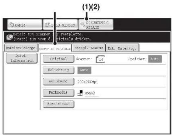(1)(2) Kopie BAND SENDEN DOKOMENTIK- ADLAGE Bereit zum Scannen für Festplarte. [Start] zum scan d. originale drücken. Intelnow.okerge. Scanner und Partstation festpl.-Status Ext. Datenzug. Datei Information Original Scannen: A4 Speicher: Auto Belichtung Auto Auflösung 200x200dpi Fachmodus Mono2 Spezialinesti