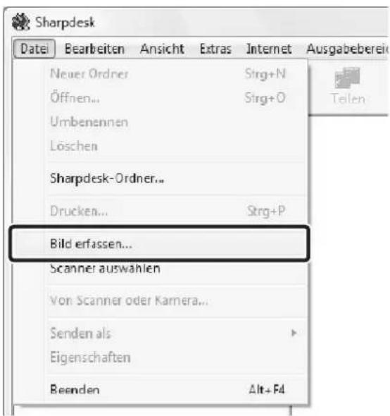 Sharpdesk Datei Bearbeiten Ansicht Extras Internet Ausgabeberein Neuer Ordner Strg+N Öffnen... Strg+O Umbenennen Löschen Sharpdesk-Ordner... Drucken... Strg+P Bild erfassen... Scanner auswahlen Von Scanner oder Kamera... Senden als > Eigenschaften Beenden Alt+F4