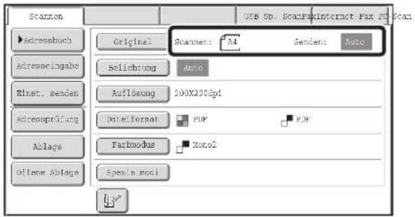 Scannon Adressbuch Adresseringabe Rinst. sender Adressprüfung Ablage Offene Ablage Original Solichung Auflösung Date format Farmodus Spexia modi Scanner: 44 Senden: Auto 200X200dpi POP Xono2 USB Sp. ScanFoxInternet Fax TO Scan