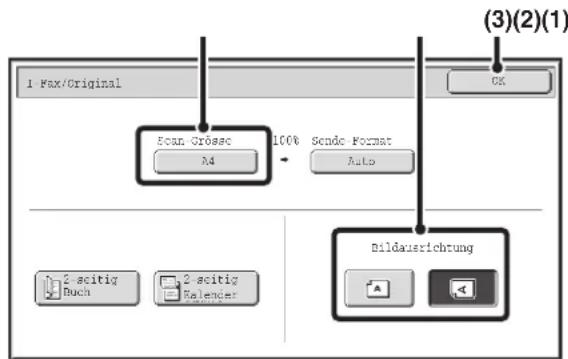 1 Fax/Original (3)(2)(1) Form Crossed A4 100% Sende Format Auto Bildausrichtung 2 acitig Buch 2 acitig Ränder