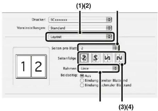 (1)(2) Drucker: SCxxxxxx Voreinstellungen: Standard Layout Seiten pro Blatt 2 Seitenfolge Rahmen Linie Beidseitig: Aus Bindung breiter Blatt und Bindung schmaler Blarand (3)(4)