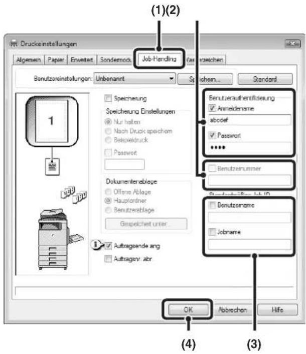 Druckeinstellungen Abgemein Paper Erweset Sonderemod. Job-Handing Passerzeichen Benutzereinstellungen: Unbenannt Speichem... Speicherung Speicherung Einsellungen Nur halten Nach Druck speichem Belgexedruck Passwort Dokumentenablage Offene Ablage Haupforder Benutzerablage Gespeichet unter... Auftragsende ang Auftragsnr abr (1)(2) Standard Benutzeraufenhütierung Anneidename abodef Passwort Benutzernummer Benutzorome Jobname OK Abbrechen Hilfe (3) (4)