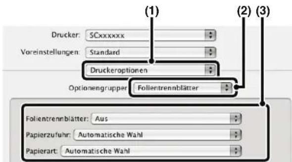 Drucker: SCxxxxxx Voreinstellungen: Standard Druckeroptionen Optionengrupper Folientrennblätter Folientrennblätter: Aus Papierzufuhr: Automatische Wahl Papierart: Automatische Wahl