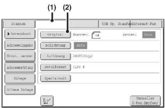 (1) (2) Scanron USB Sp. ScanFax Internet Fax ▶ Adressbuch Origins Scanren: A4 Rement: Auto Adrosscingabe Belichung Auto Rinst, gender Auflösung 200X130dpi Adrossprüfung Dateiformat TIPS F Ablage Spezialmodi Offene Ablage Manneller I-Fax-Implant
