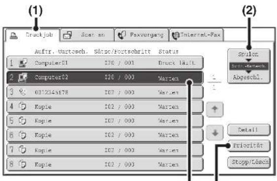 (1) Druck job Scan an Paxvorgang Internet-Fax Auftr. Wartesch. Sätze/Fortschritt Status 1 Computer01 370 / 001 Druck Idall 2 Computer02 020 / 000 Narten 3 031254678 002 / 000 Narten 4 Kopie 002 / 000 Narten 5 Kopie 002 / 000 Narten 6 Kopie 002 / 000 Narten 7 Kopie 002 / 000 Narten 8 Kopie 002 / 000 Narten (2) Spulon Wartensch Abgeschl. Detail Priorität Stopp/Coach