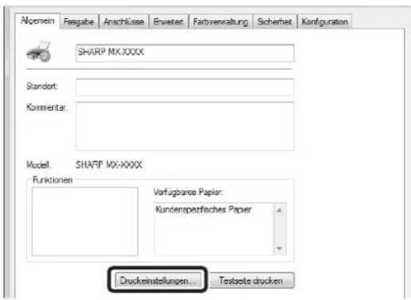 Algemein Freigabe Anschlüsse Erweter Farbverwaltung Sicherheit Konfiguration SHARP MX.XXXX Standort: Kommentar: Model: SHARP MX-XXXX Funktionen Verfügbarce Papier: Kundenspezifisches Papier Druckeinstellungen... Testseite drucken