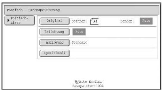 Postfach - Datenspeicherung Postfach- Liste Original Scanen: AI Sendon: Auto Bellichtung Abu Auflösung Standard Spezialmodi Auto Employment FaxSpeichers:1004